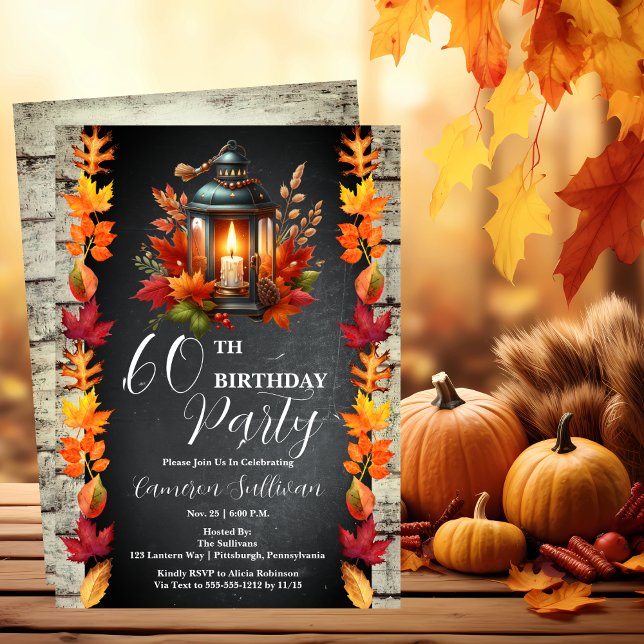 Rustikale Laterne und Blätter Herbst 60. Geburtsta Einladung (Candlelit Lantern and Fall | Autumn Leaves 60th Birthday Party Celebration Invitation)