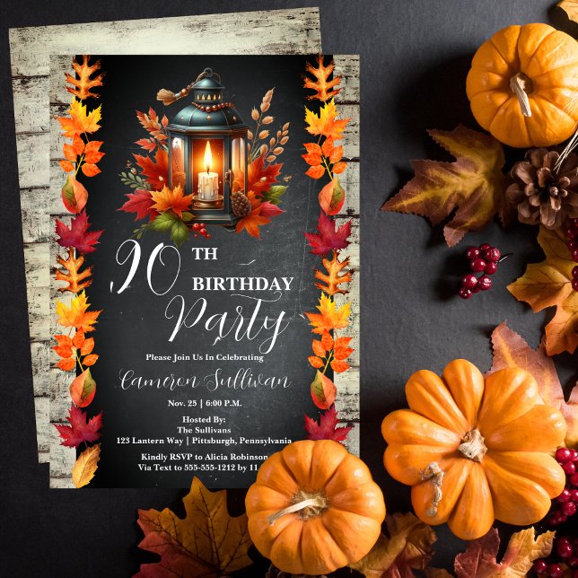 Rustikale Laterne und Blätter Herbst 90. Geburtsta Einladung (Candlelit Lantern and Fall | Autumn Leaves 90th Birthday Party Celebration Invitation)