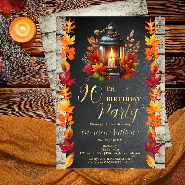 Rustikale Laterne und Blätter Herbst 90. Geburtsta Folieneinladung (Rustic Elegance Lantern and Leaves Fall | Autumn 90th Birthday Party Foil Invitation)