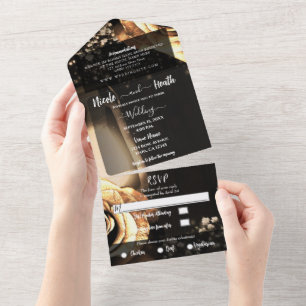 Rustikale Laterne & Vintage-Rosen in Gold Hochzeit All In One Einladung