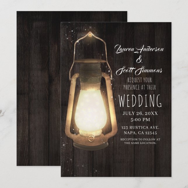 Rustikale Laternenleuchte Braun-Holzverheiratung Einladung (Vorne/Hinten)