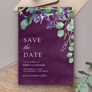 Rustikale Lavendel-Eukalyptus-Pflaume Lila Hochzei Save The Date