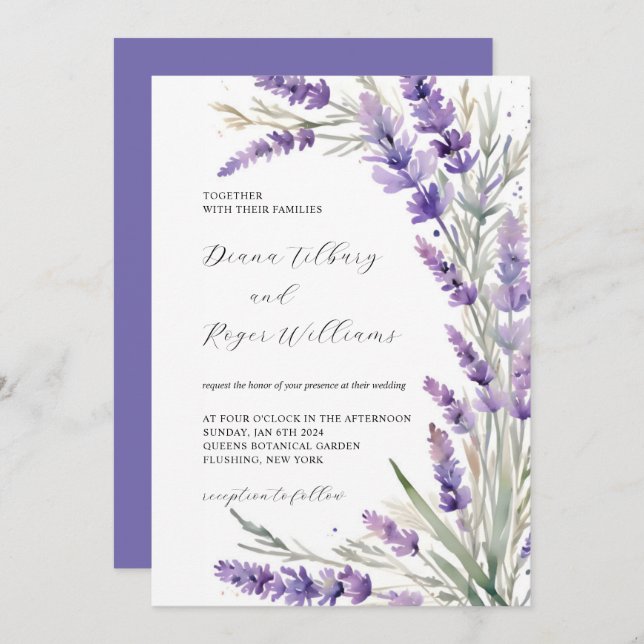 Rustikale Lavendel-Hochzeit Einladung (Vorne/Hinten)