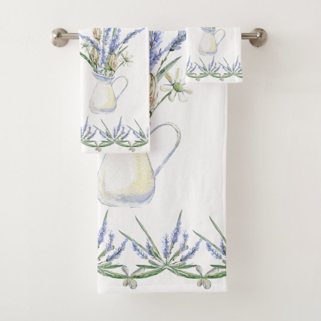 Rustikale Lavendel Jug Floral Wasserfarbe Badhandtuch Set (Insitu)