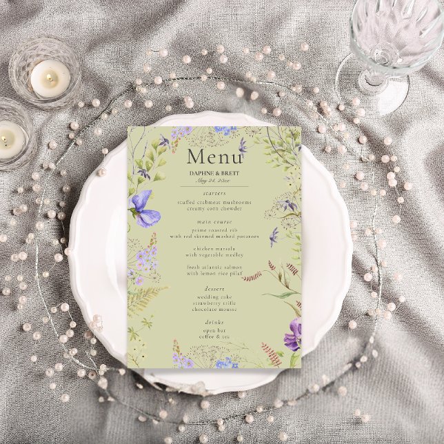 Rustikale Lavendel & Sage-Wildblumen Heirat Menükarte (Rustic Lavender & Sage Wildflowers Sage Wedding Menu)