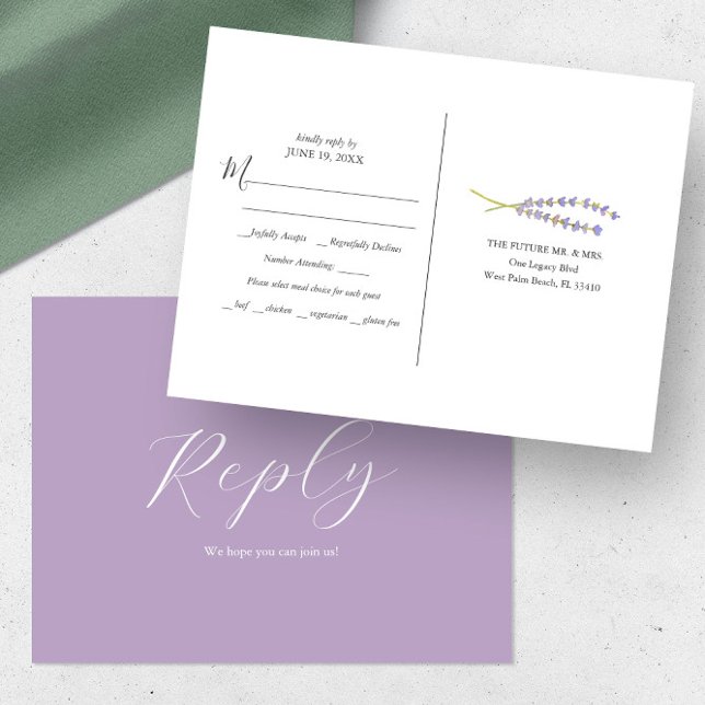 Rustikale Lavendel UAWG Postkarte (RSVP postcard with meal choice minimalistic watercolor lavender art by Victoria Grigaliunas)