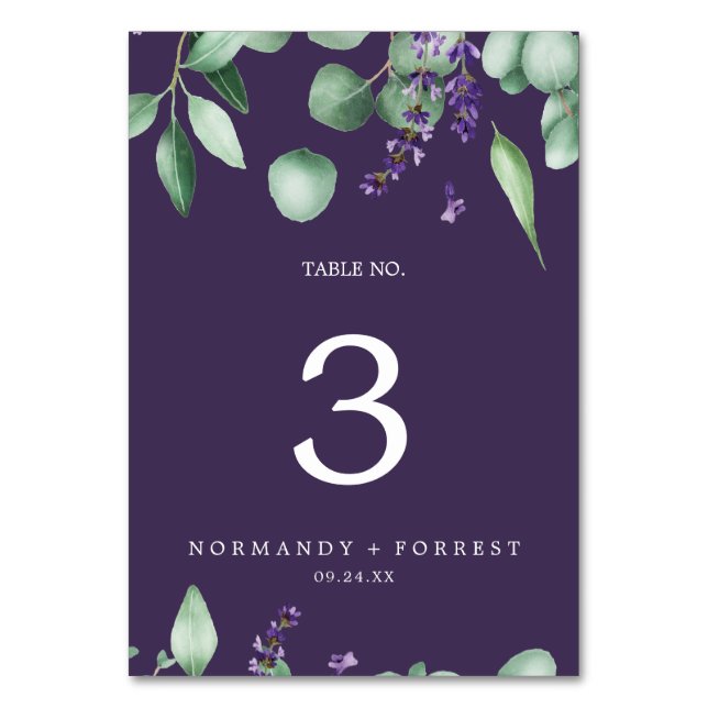 Rustikale Lavendel und Eukalyptus Lila Tischnummer (Vorderseite)