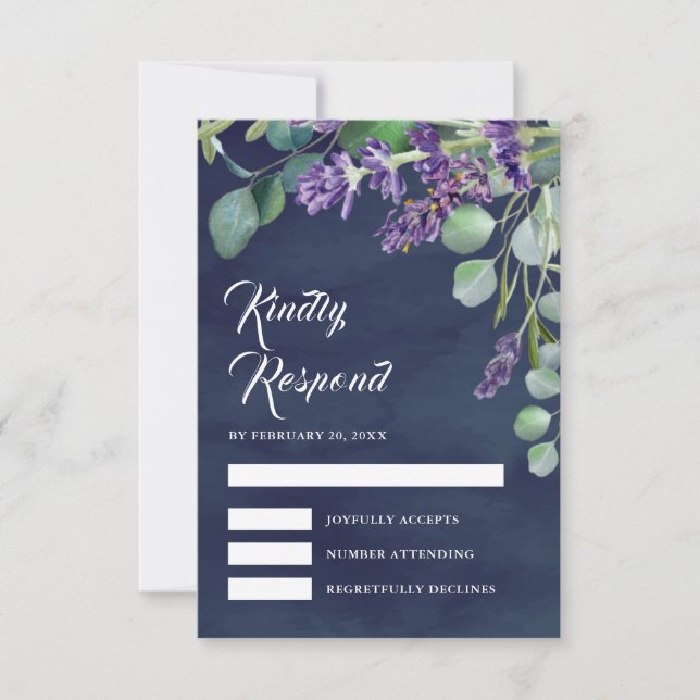 Rustikale Lavendel und Eukalyptus Navy Blue Weddin RSVP Karte (Vorderseite)