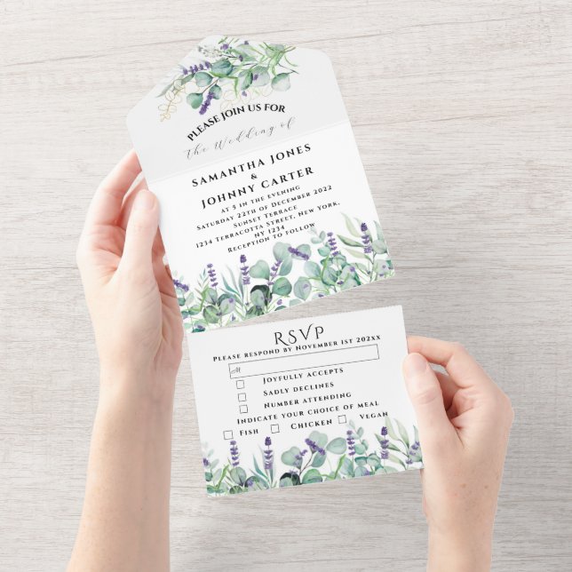 Rustikale Lavendel- und Eukalyptus-UAWG Wedding All In One Einladung (Abreißen)
