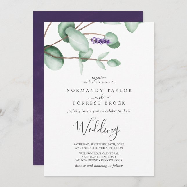 Rustikale Lavendel und Eukalyptus Wedding Einladung (Vorne/Hinten)