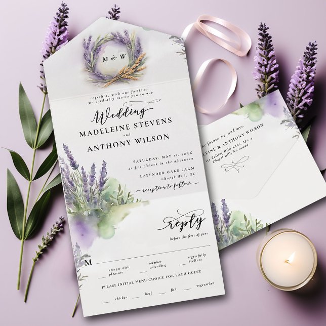 Rustikale Lavendel Wasserfarbe Moderne romantische All In One Einladung (rustic lavender all in one tri fold wedding invitation modern watercolor romantic elegant wreath)