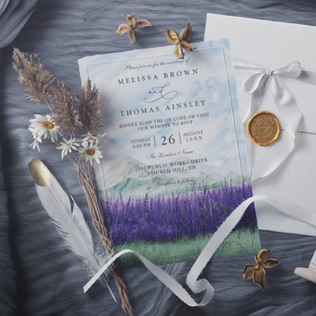 Rustikale Lavendel-Wiese QR-Code-Hochzeit im Gebir Einladung (Von Creator hochgeladen)