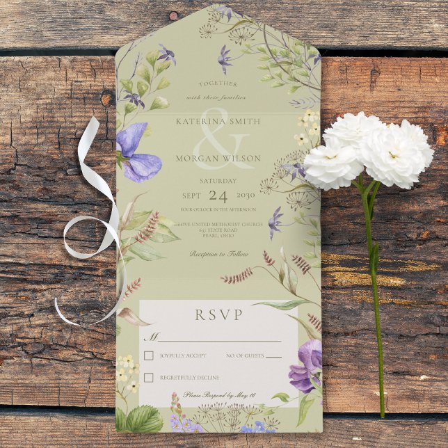 Rustikale Lavendel-Wildblumen feiern Grünes Nein-A All In One Einladung (Rustic Lavender Wildflowers Sage Green All In One Wedding Invitation without Dinner Options)