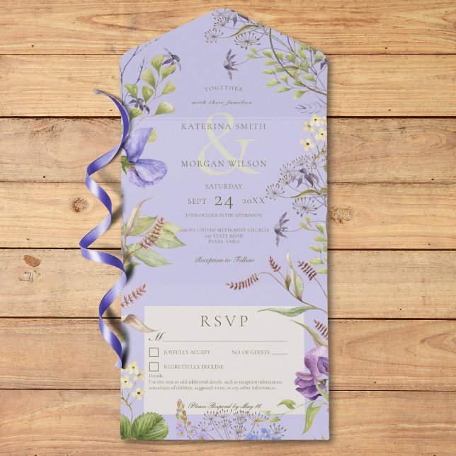 Rustikale Lavendel-Wildblumen Lavendelinformatione All In One Einladung (Rustic Lavender Sage Wildflowers Lavender Details All In One Invitation)