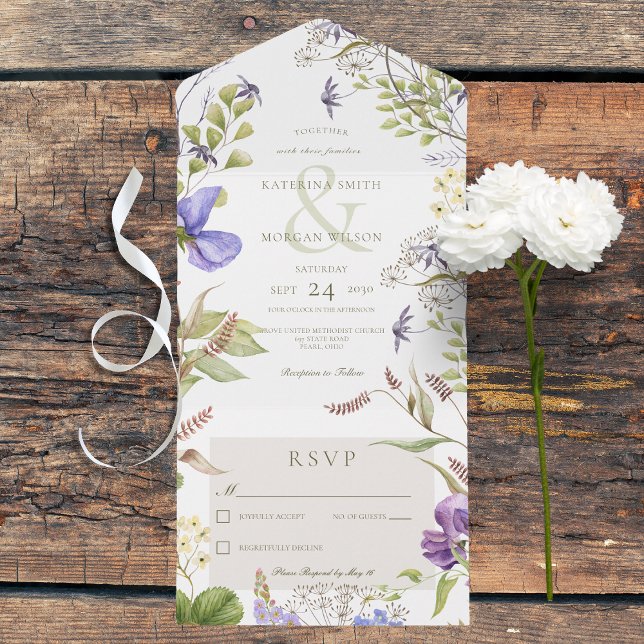 Rustikale Lavendel Wildblumen Weiß kein Abendessen All In One Einladung (Rustic Lavender Wildflowers White All In One Wedding Invitation without Dinner Options)