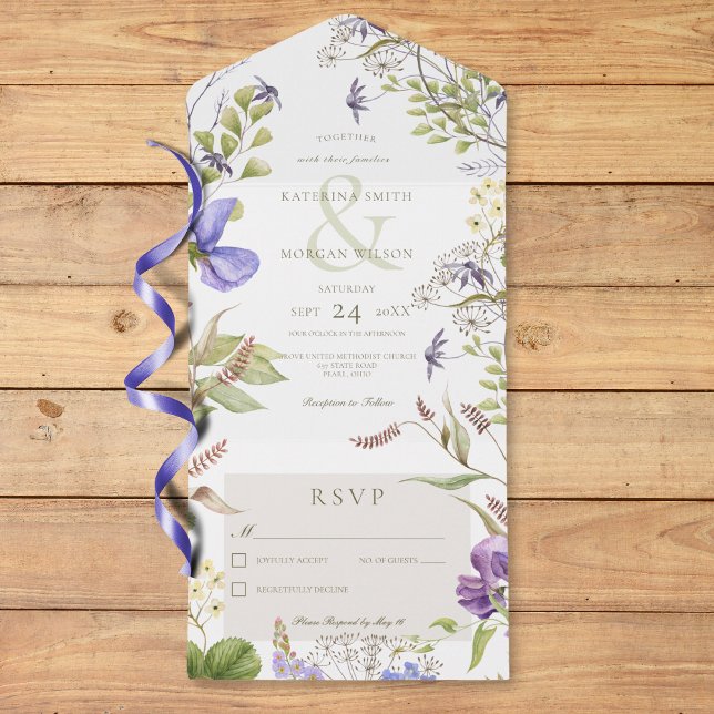 Rustikale Lavendel Wildblumen Weiß kein Abendessen All In One Einladung (Rustic Lavender Wildflowers White No Dinner All In One Invitation)