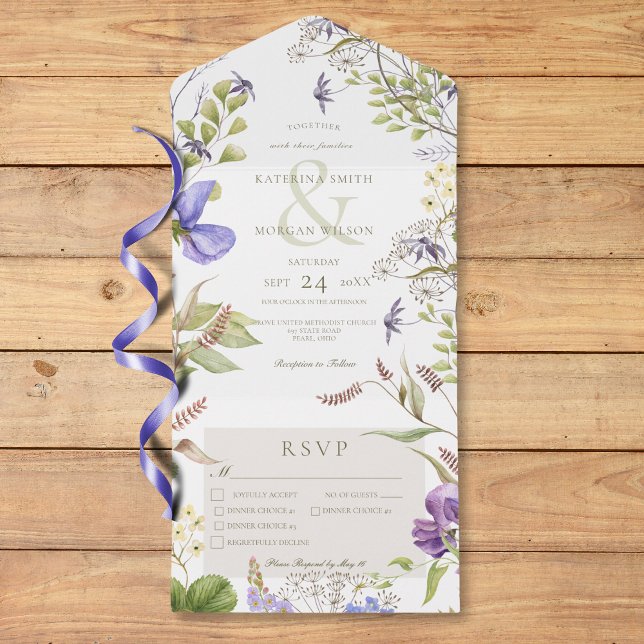 Rustikale Lavendel Wildblumen Weißes Drei-Gang-Men All In One Einladung (Rustic Lavender Wildflowers White Three Dinner All In One Invitation)