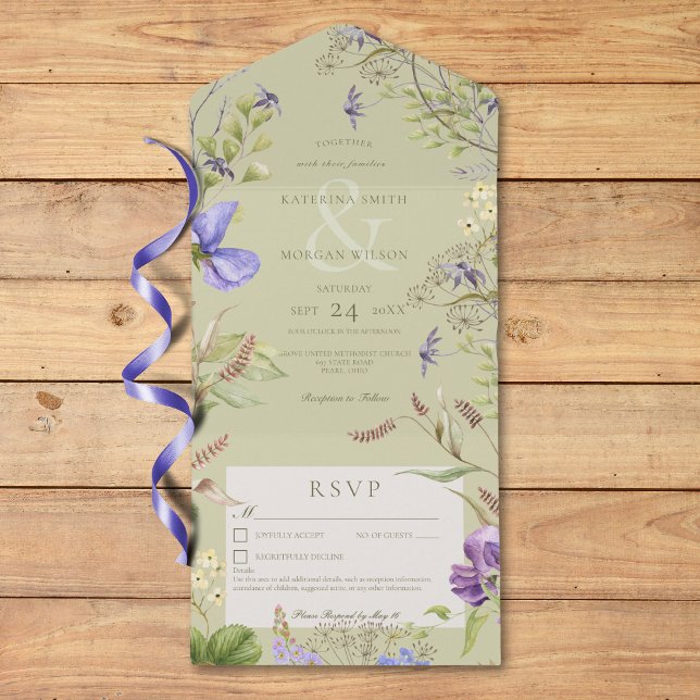 Rustikale Lavendelsäge Wildblumen Weiße Details All In One Einladung (Rustic Lavender Sage Wildflowers White Details All In One Invitation)