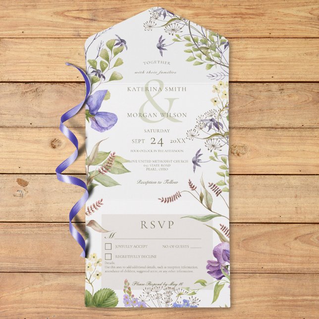 Rustikale Lavendelsäge Wildblumen Weiße Details All In One Einladung (Rustic Lavender Sage Wildflowers White Details All In One Invitation)