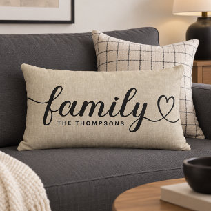 Rustikale Leinen-Familien-Herzschrift-Monogramm Lendenkissen
