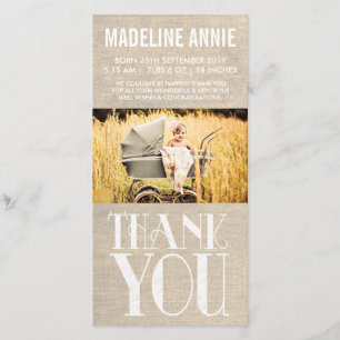 Rustikale Leinwand-Baby-Geburt danken Ihnen Foto Dankeskarte