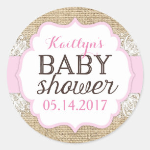 Rustikale Leinwand-Spitze-Rosa-Mädchen-Babyparty Runder Aufkleber