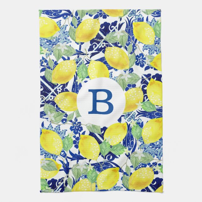 Rustikale Lemons und blaue Flora | Monogramm Geschirrtuch (Vertikal)