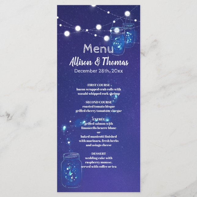 Rustikale Leuchten auf dem Land, die Glühwürmchen  Menükarte (Vorderseite)