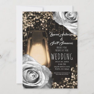 Rustikale Leuchtlaterne Silber Grau Rosen Hochzeit Einladung