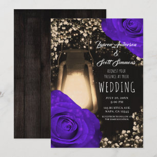 Rustikale Leuchtlaterne und violette Rosen Hochzei Einladung