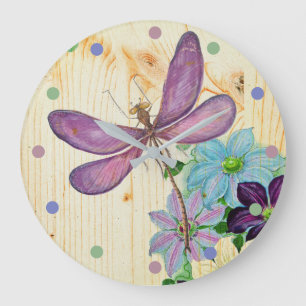 Rustikale Libelle Purple Blumen Blauer Wald Shabby Große Wanduhr