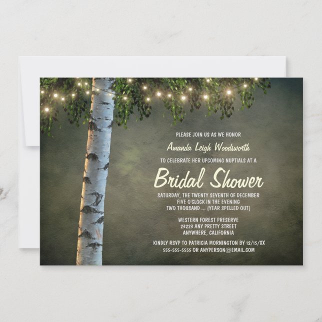 Rustikale Lichter Birch Tree Bridal Dusche Einladu Einladung (Vorderseite)