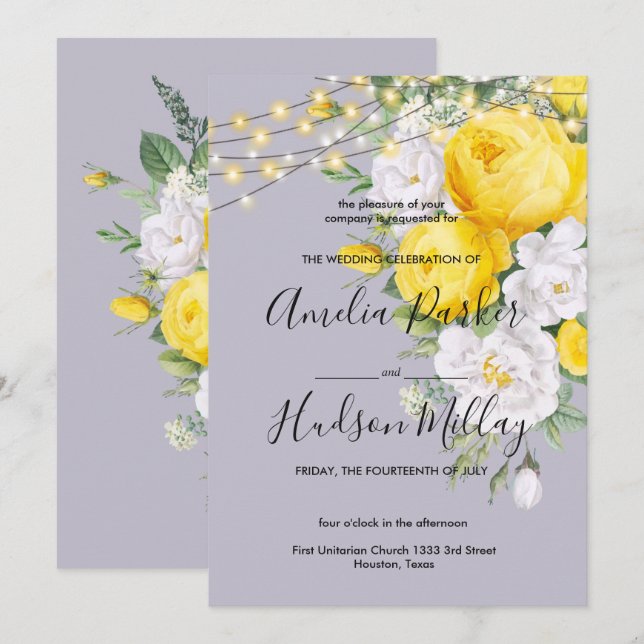 Rustikale Lichter Gelbe Blumenhochzeit Einladung (Vorne/Hinten)