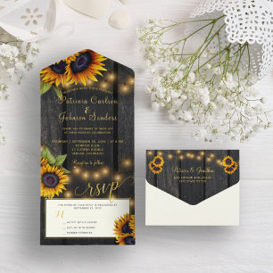 Rustikale Lichter goldene Sonnenblumen Scheunenhol All In One Einladung