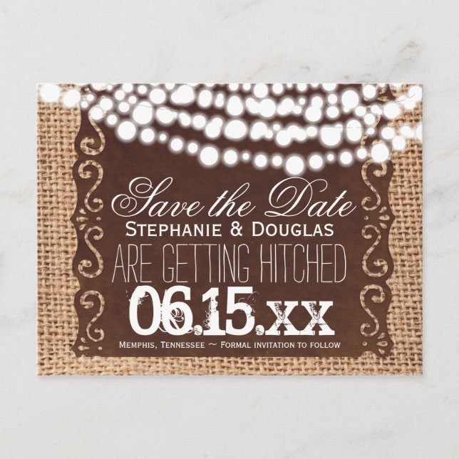 Rustikale Lichter Jute Save-the-Date Postkarten (Vorderseite)