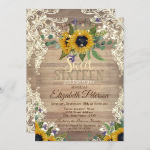 Rustikale Lichter, Spitzen Sonnenblumen Sweet 16 P Einladung