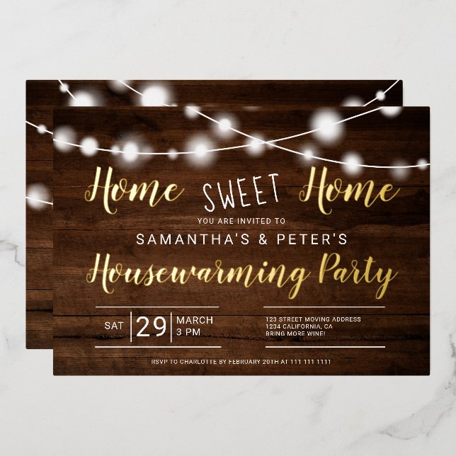 Rustikale Lichter Zuhause Süßes Zuhause-Haus Erwär Folieneinladung (Vorderseite/Rückseite)