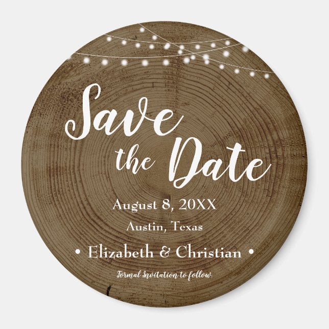 Rustikale Lichterfolge Holz Barke Save the Date Magnet (Vorne)