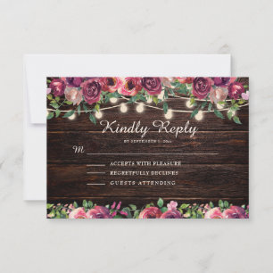 Rustikale Lichterkette Holz Burgunderrot Floral RSVP Karte