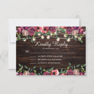 Rustikale Lichterkette Holz Burgunderrot Floral RSVP Karte