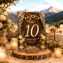 Rustikale Lichterkette Holz Kerzen Spitze Hochzeit Tischnummer