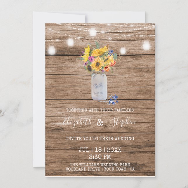 Rustikale Lichterkette & Mason Jar Wedding Einladung (Vorderseite)