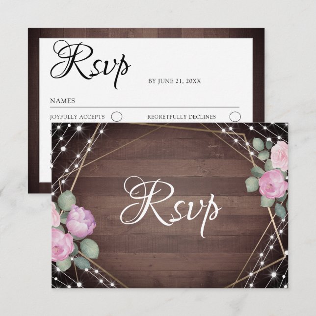Rustikale Lichterketten aus Holz & Blumen RSVP Hoc Karte (Vorne/Hinten)