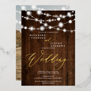 Rustikale Lichterketten braune Holz Foto Hochzeit Folieneinladung