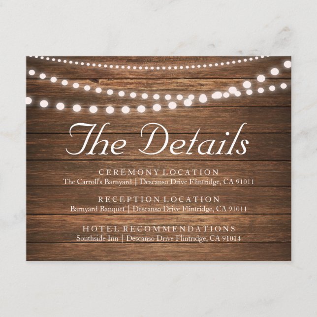 Rustikale Lichtzeichenreihe Details 4.25" x 5.5" K Begleitkarte (Vorderseite)