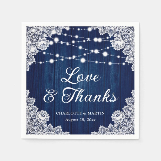 Rustikale Liebe aus Holz und dank Navy Blue Weddin Serviette (Vorderseite)
