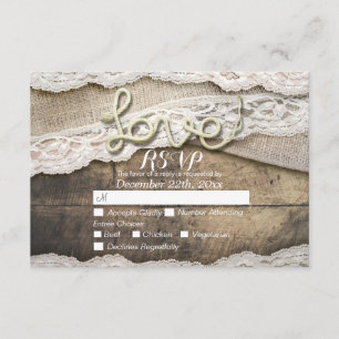Rustikale Liebe Rope Burlap Lace Wedding RSVP Antw Karte
