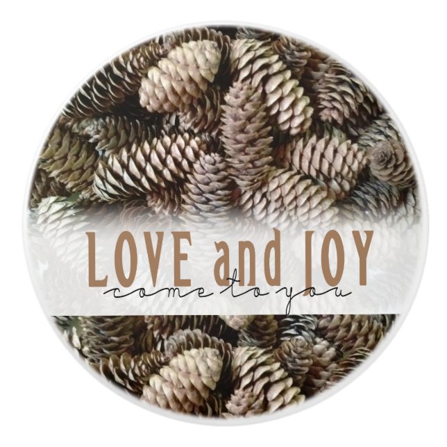 Rustikale Liebe und Joy Pine Cone Keramikknauf (Vorderseite)
