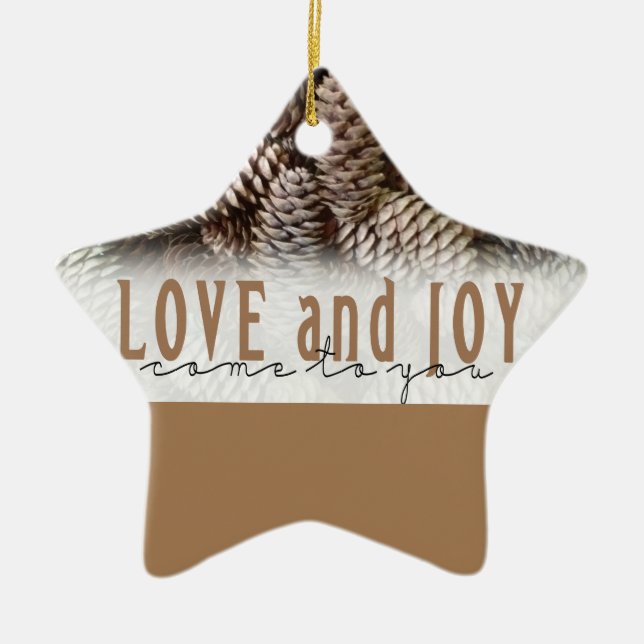 Rustikale Liebe und Joy Pine Cone Keramikornament (Vorne)
