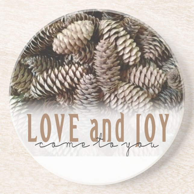 Rustikale Liebe und Joy Pine Cone Sandstein Untersetzer (Vorne)